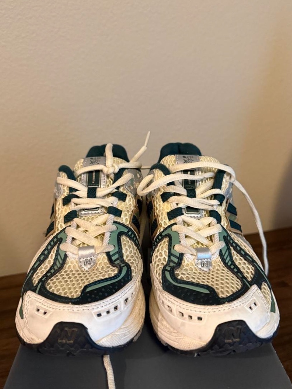 New Balance White and Green Athletic Sneakers - Picture 3 of 5